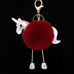 Fluffy Iridescent Unicorn Handbag Pompom Keychain Charm Keyring Maroon Burgundy