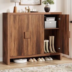 Large Shoe Cabinet with 3 Doors & Adjustable Shelves(Vintage Brown) 30-35 Pairs Shoe Storage Cabinet with Ventilation Hole Design, 47 Inch Wide Shoe O