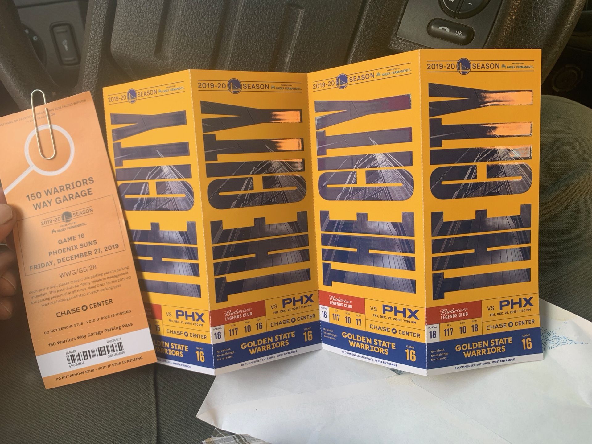 Tickets and parking pass Warriors game 12/27