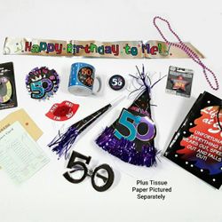 50th Birthday Party Supplies - Ceramic Mug, Gift Bag, Sash, LED Buttons & More!