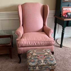 Arm chair with miniature foot ottoman. Antique and in perfect condition. 