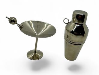Miniature 3.75” Crate and Barrel Martini Shaker and Glass w Olive MCM Decor.