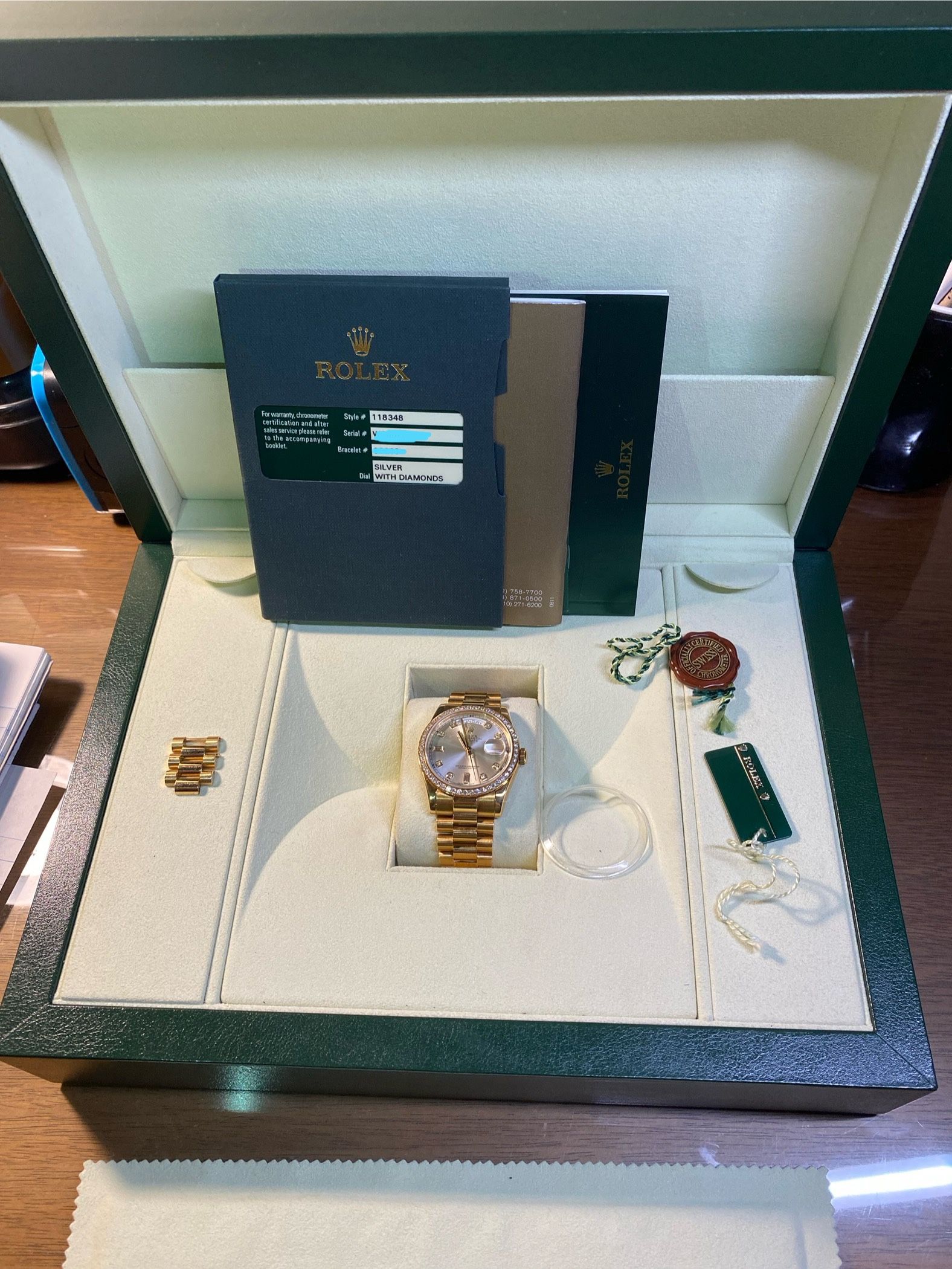 Rolex President 118348 Diamond Factory Dial & Bezel Yellow Gold Watch- full set