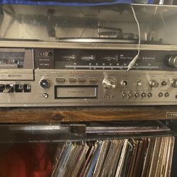 Vintage Record Player With Records Collection 