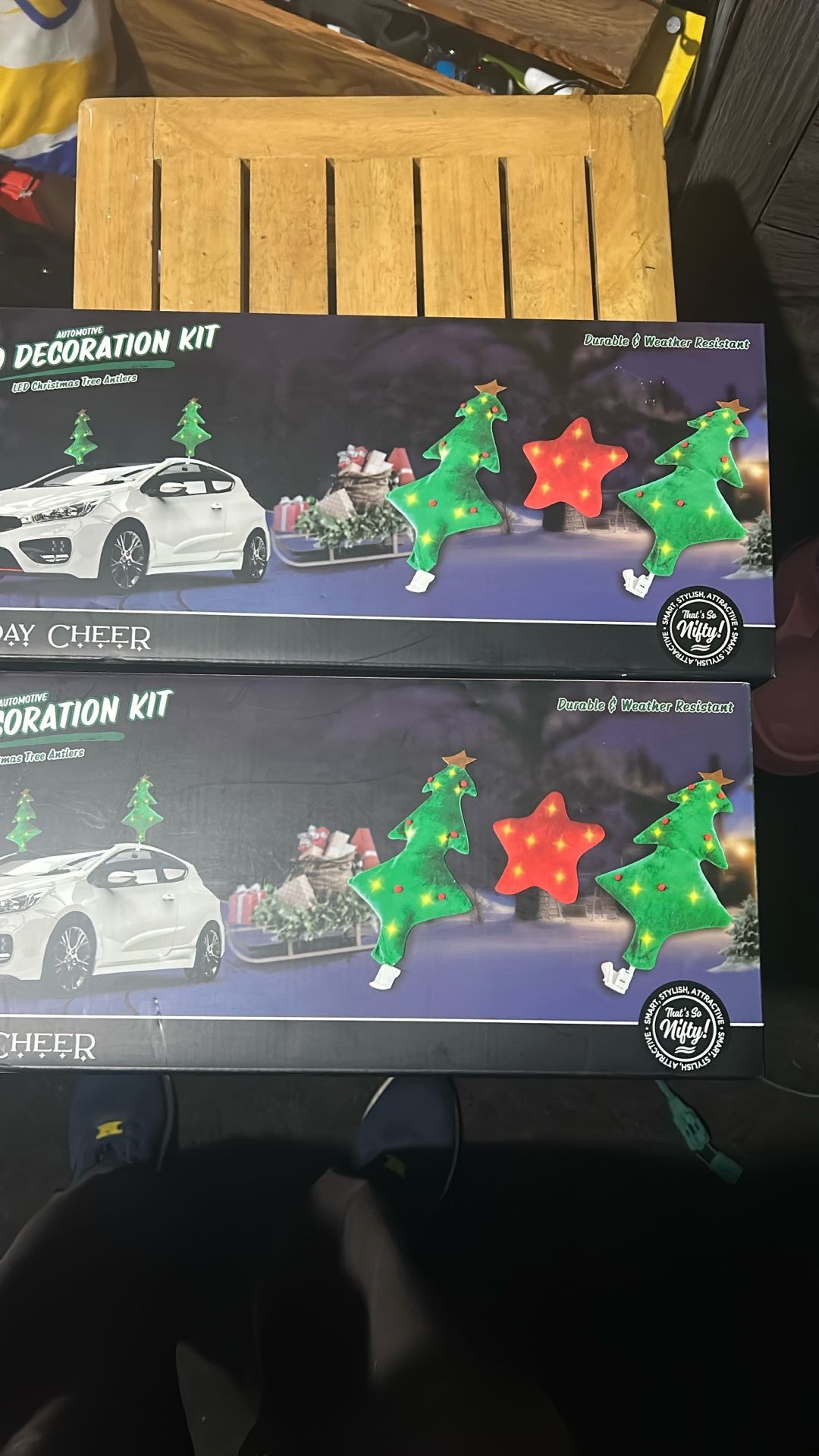 Christmas Tree Car Reindeer Antler Kit, Adorable Xmas Tree Antlers & Star Nose Decorations for Car Window Roof-Top & Front Grille, Universal Holiday V