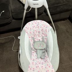 Ingenuity SimpleComfort Lightweight Compact 6-Speed Multi-Direction Baby Swing, Vibrations & Nature Sounds, 0-9 Months 6-20 lbs (Pink Cassidy)
