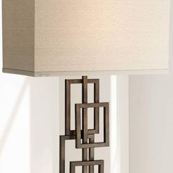 Mid Century Modern Style Table Lamp With The Black Metal Base And Rectangular Lampshade 