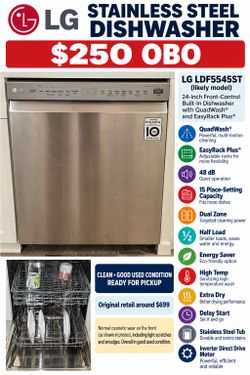 LG Stainless Steel Dishwasher – $250 OBO
LG 24-inch built-in stainless steel dishwasher in good used condition. Clean inside and ready for pickup. Fea