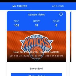 4x New York Knicks vs. Houston Rockets Lower Bowl Tickets 