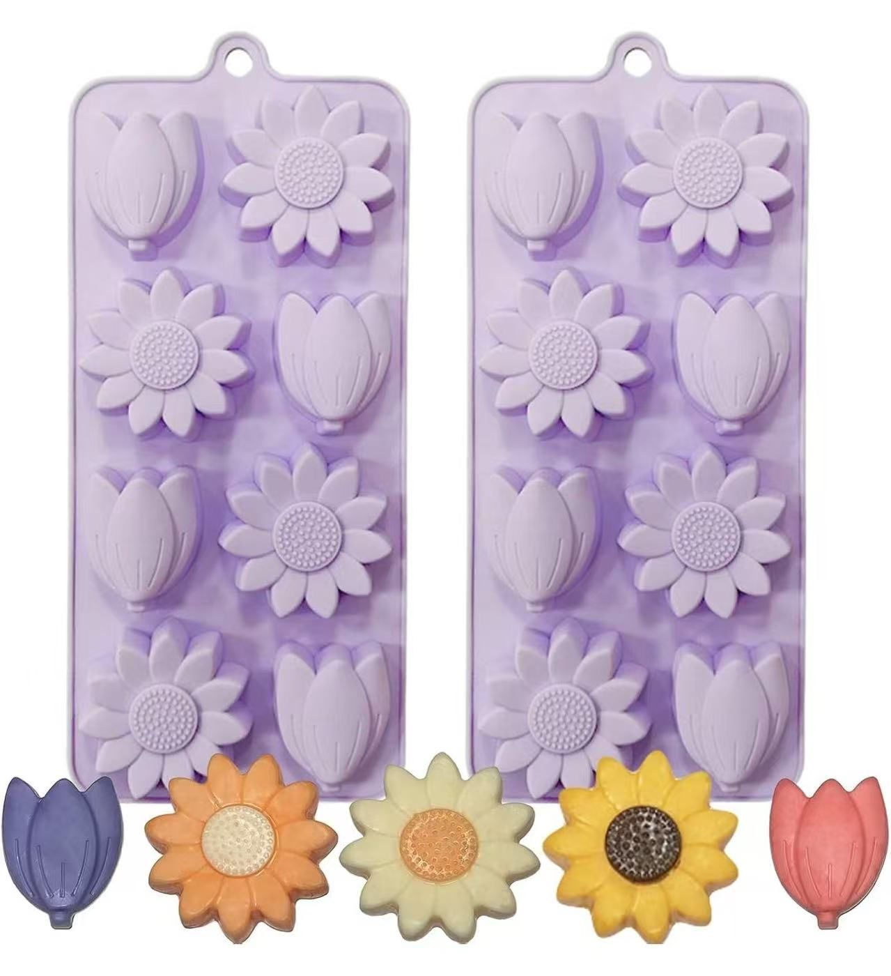 Flower Chocolate Molds 2Pcs SunFlower Ice Cube Silicone Molds Tulip Shape Candy Molds Jello Molds Pudding Molds Soap Molds Cookie Molds for Desserts M