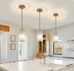 Set of 3 Brass Crystal Cylinder Pendant Lights