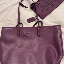 Coach Purple And Brown With Flowers And Coach Monogram Reversible Tote