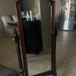 Vintage Custom Mahogany Wood Traditional Style Floor Full Length Cheval Mirror and Lockable Jewelry Armoire
