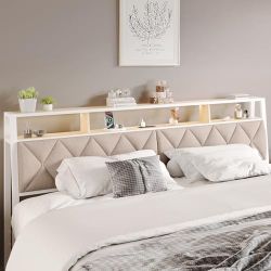 🌈 Brand New - Full Size Headboard, White & Beige | Storage + Charging + RGB Lights 🌈