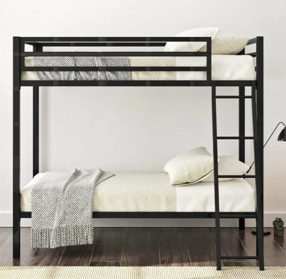 Bunk Bed Twin Over Twin Size for Junior & Adults with Ladder and Heavy Duty Guardrail, Small Space Saving Design for Bedroom Kid Room and Dorm, Black
