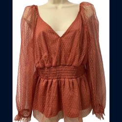 ✨New✨ Adult Women Large Orange Rustic Copper Blouse V-neck Sheer Sleeves Elastic Waist