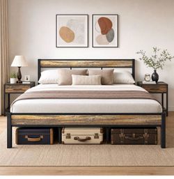 California King Bed Frame wtih Headboard, Rustic Brown