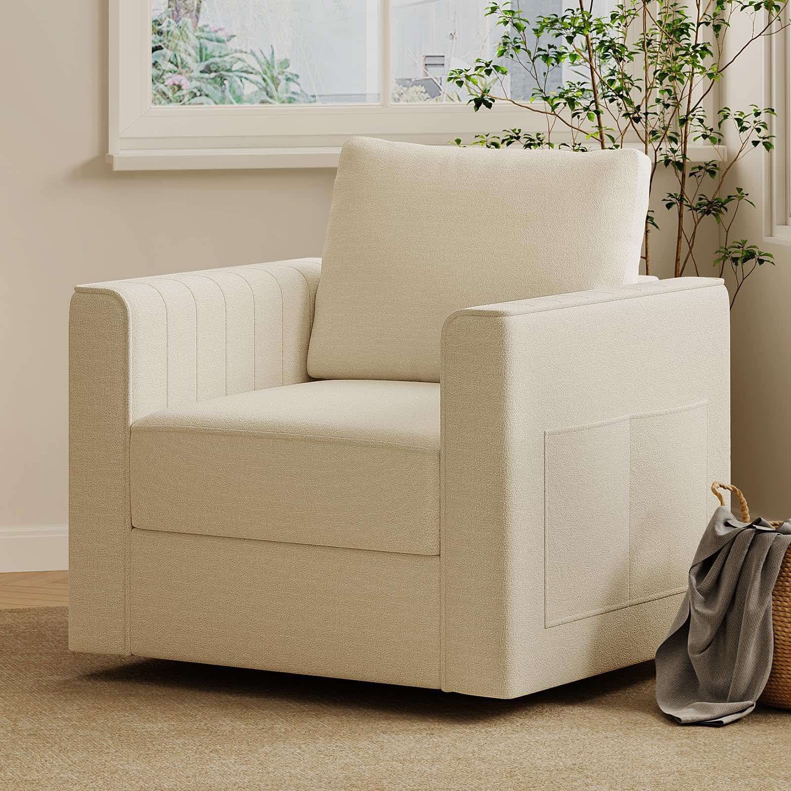 Swivel Accent Chair for Living Room, Linen Fabric Armchair with Underseat Storage & Side Pocket, 23.2" Width Comfy Seat Cushion, Modern Single Couch, 