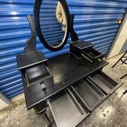 Black Vanity with Swivel Adjustable Mirror and Five Drawers 