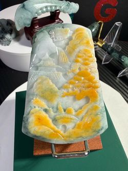 Natural Jadeite Jade Carved Landscape Plaque