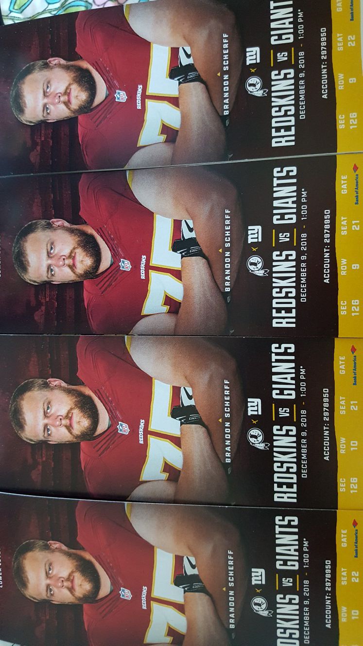 Redskins & Giants tickets. $70 per ticket will sell in pairs