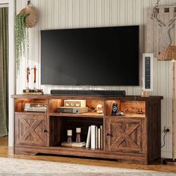 New TV Stand for 65 Inch TV, Farmhouse Entertainment Center with Power Outlet & LED Light and Storage Cabinets, Console Table and Media Furniture for 