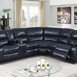 Brand New Ink Blue Gel Leatherette Power Recliner Power Motion Sectional Sofa With USB