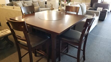 Brand new brown counter high dining table (48"x48"x36"H) + 5 brown faux leather 24" hight chairs