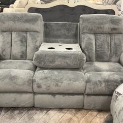 Grey Material Power Reclining Sofa With Cup Holders And USB Charger Now $999 Was $1399