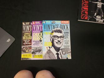 Three vintage rock collectible magazines, one's buddy, holly, chuck berry and little richard in good condition