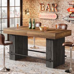 62.2 Inch Bar Table, Industrial Counter Height Pub Dining Table, Rectangular Home Bar Units with Metal Footrest for Home Kitchen, Dining Room, Bistro