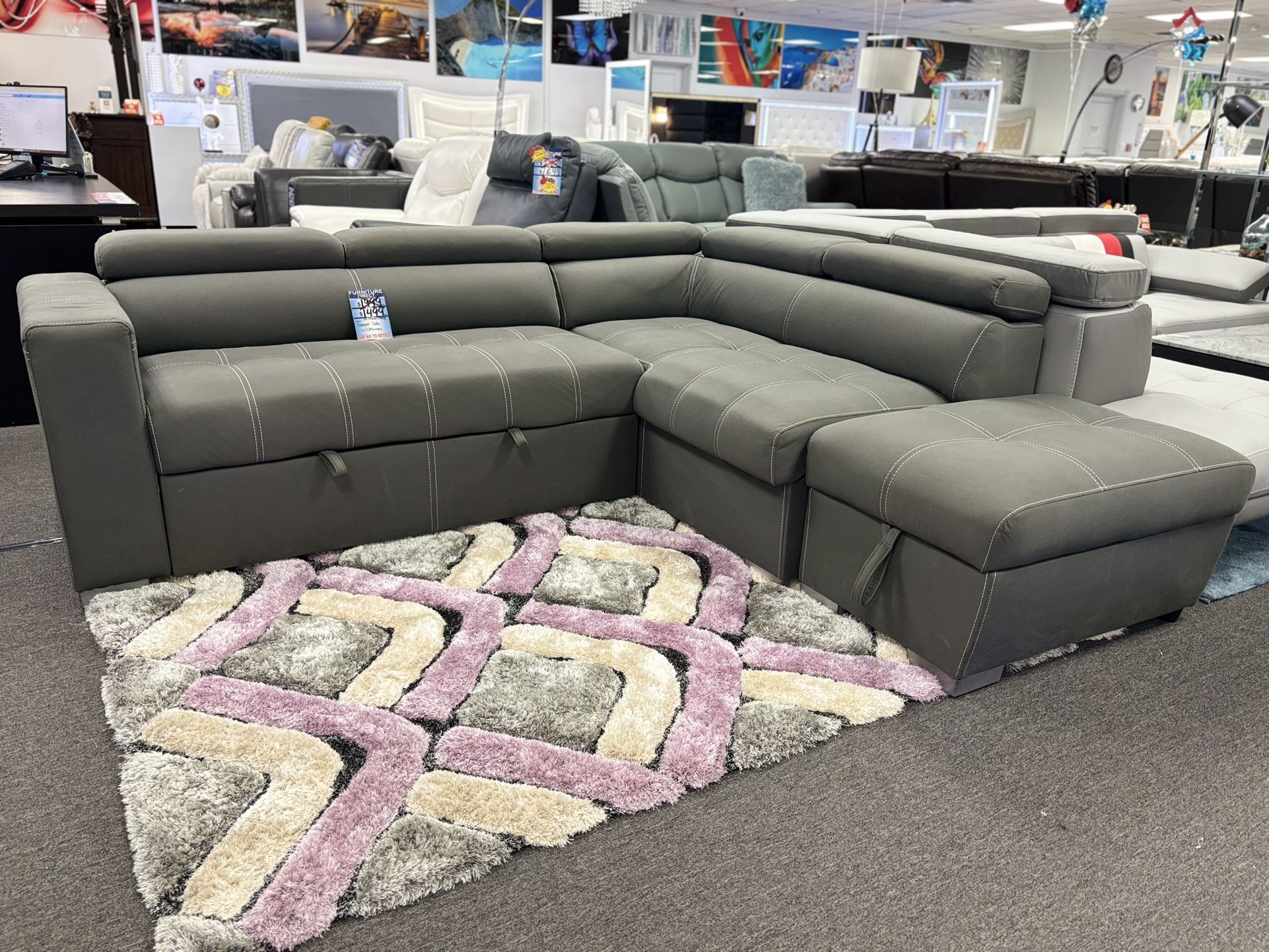 Gray Sleeper Sectional Couch W/ Storage Ottoman For Sale