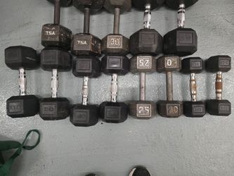 Dumbells. Set of 40, 35, 30, 25 and 10. Additionally there is a single 30, 25, and 20 pounder.