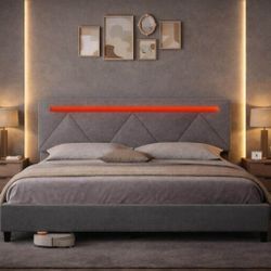 King size bed frame with LED Headboard, Upholstered Platform, Charging Station, gray D-43