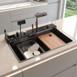 Smart Waterfall Kitchen Sink 30 Inch, Gunmetal Black Drop In 16 Gauge Stainless Steel Single Bowl Workstation Sink with Pull-Down Faucet, Cup Washer &