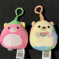 Two 3.5" Cleary The Strawberry Cow and Bowie The Watermelon Hedgehog Squishmallow Clips - New no tags 