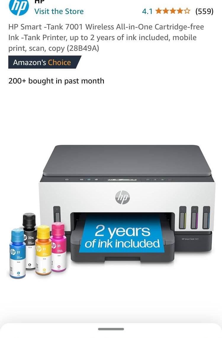 HP Smart -Tank 7001 Wireless All-in-One Cartridge-free Ink -Tank Printer, up to 2 years of ink included