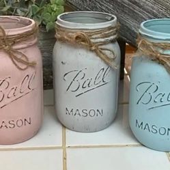 Chalk painted distressed PINT mason jars gift wedding - pink gray blue