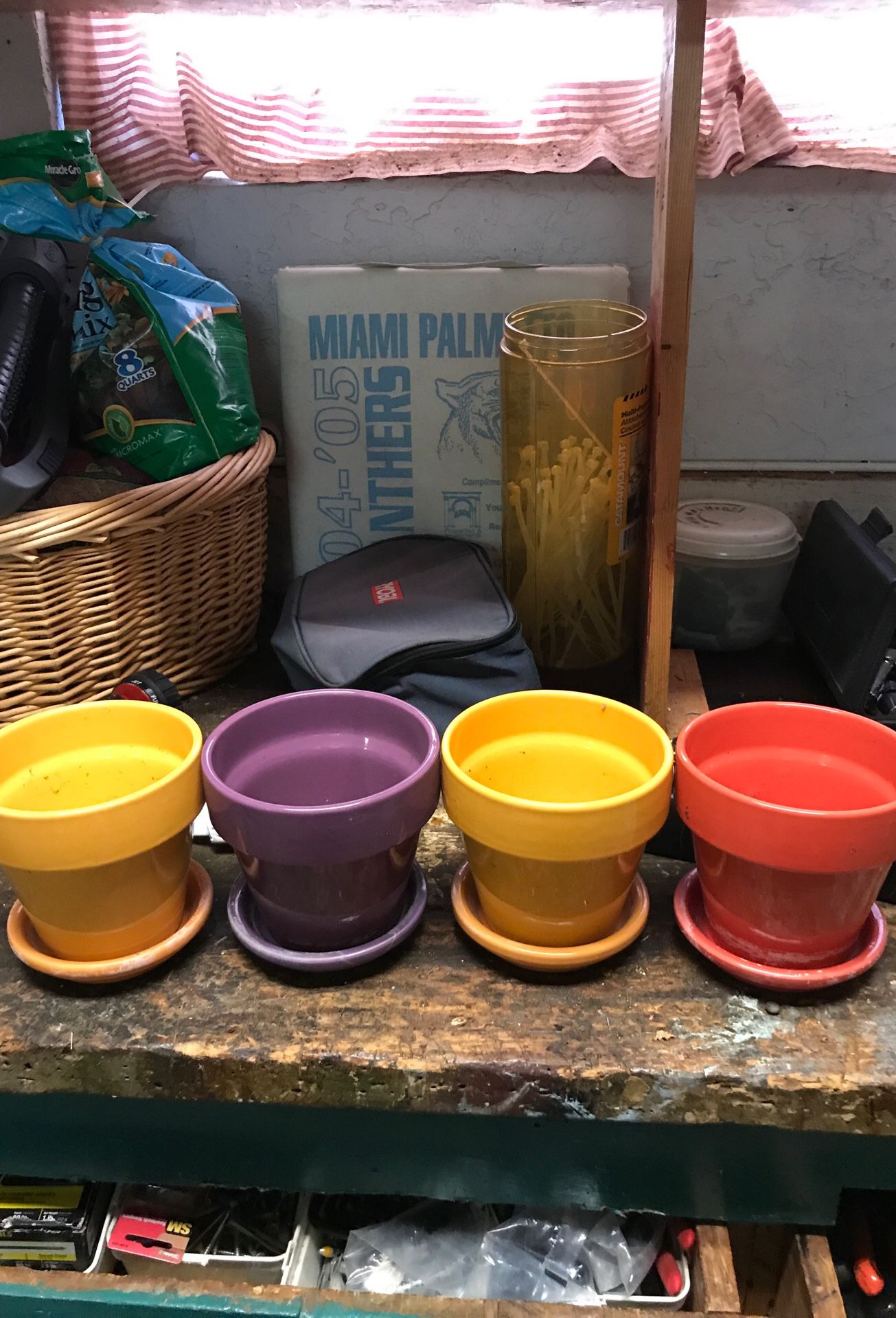 4 colorful plant pots with dish and draining hole