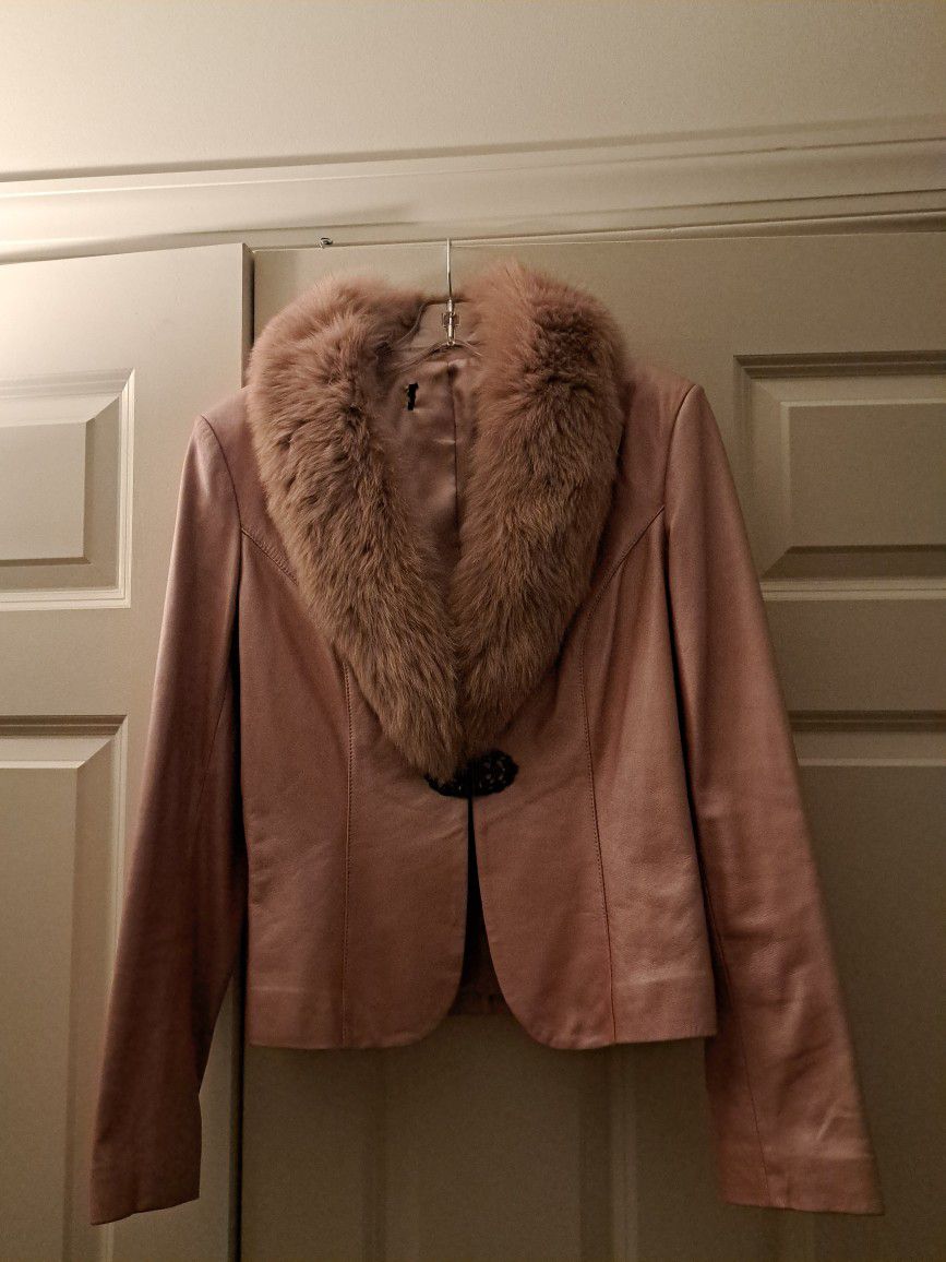 Pink Genuine Leather Jacket With FAUX FUR Sz M