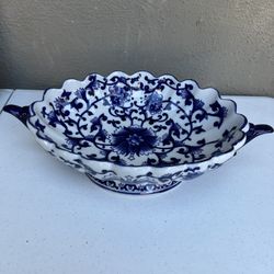 Vintage Blue and White Bombay Oval Pedestal Bowl with Handles Antique 