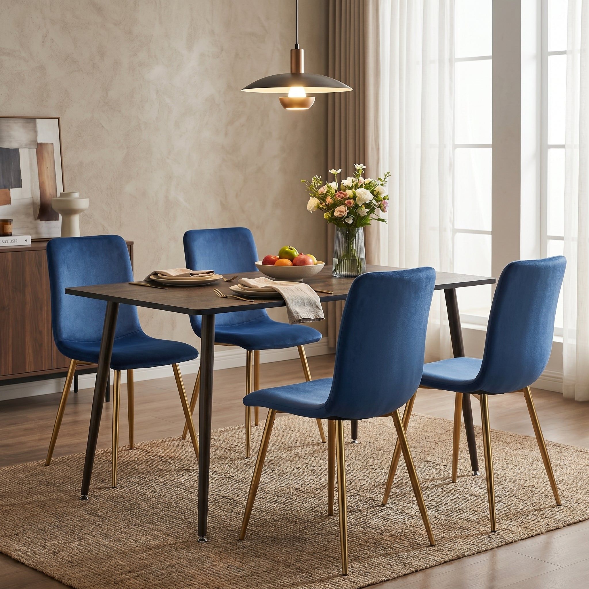 Homy Casa Whalen 5PC Dining Set 47.2” Dark Brown Table with 4 Scargill Dark Blue Upholstered Chairs