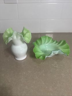 Green and White Ruffled Glass Vase and Bowl Set