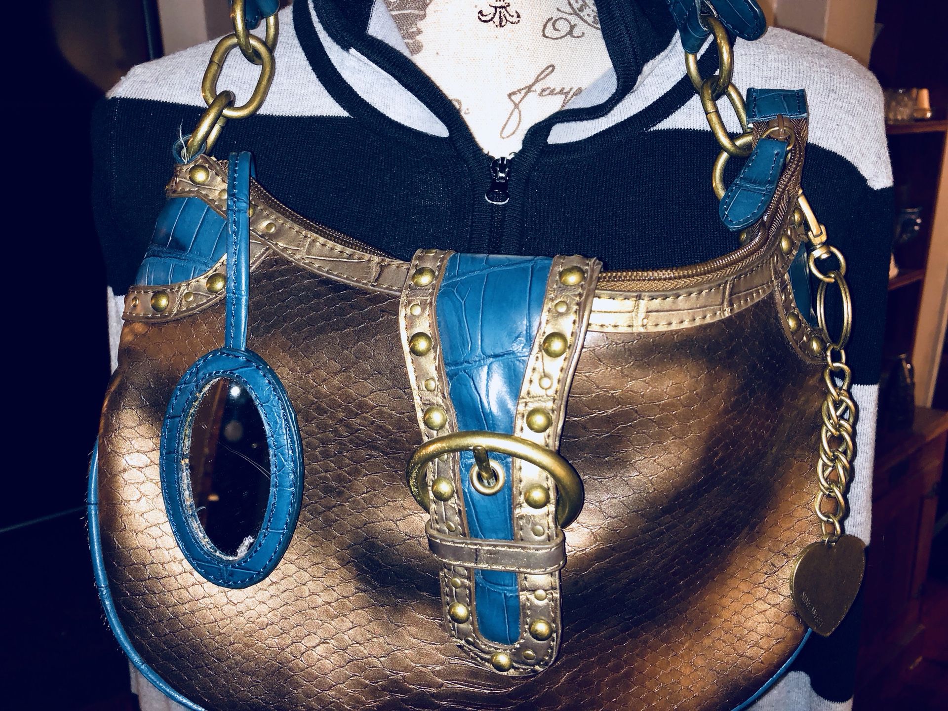 Nine West Bronze Snakeskin with Turquoise/Gold accents and Brass heavy Hardware Shoulder Bag