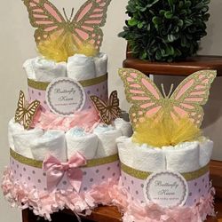 2 handmade Pink and Gold butterfly diaper cakes