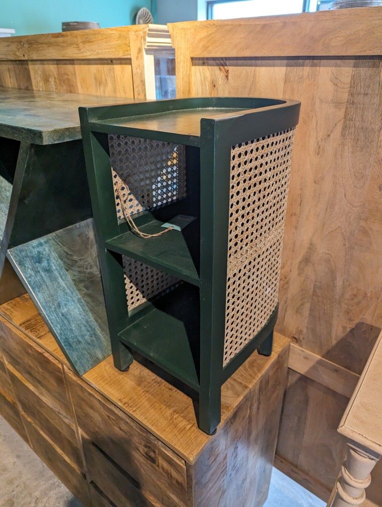 Green And Cane Wooden Accent Table