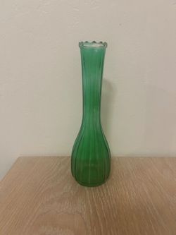 Green Ribbed Glass Bud Vase with Scalloped Rim