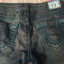 True Religion Women’s Turquoise Big Stitch Straight Leg Size 27
