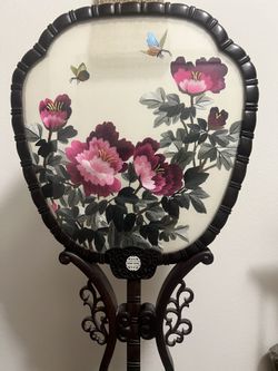Chinese Embroidered Double Sided Fan w/Stand