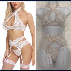 Ashinlove Lingerie Sets with Garter Belt 3 Piece Lace Teddy Babydoll Sexy Bodysuit